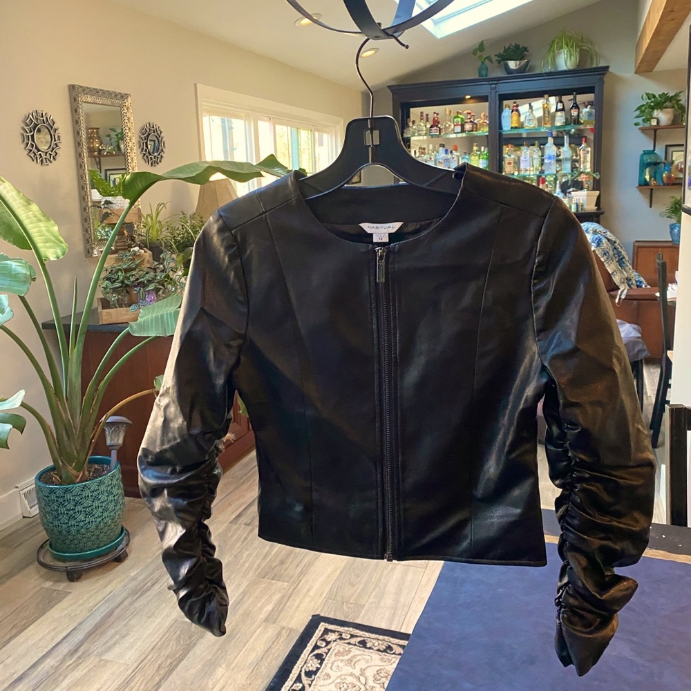 Black Pleather Moto Jacket with Ruched Sleeves from Habitual.